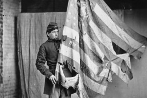 A torn battle flag, like the 14th Indiana's