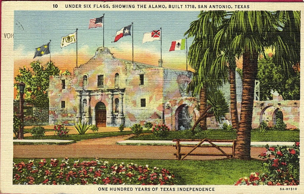 An early Alamo postcard showing the six flags over Texas.