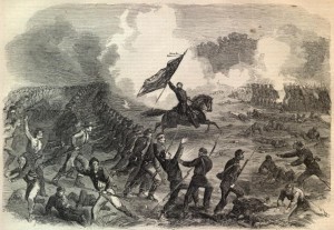 An officer rallies his troops with a flag during the Battle of Gettysburg (Image from Harper's Weekly)