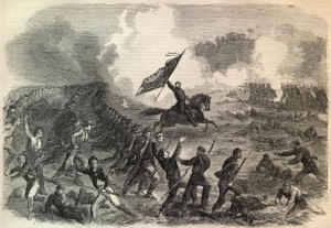 An officer rallies his troops with a flag during the Battle of Gettysburg (Image from Harper's Weekly) An officer rallies his troops with a flag during the Battle of Gettysburg (Image from Harper's Weekly)