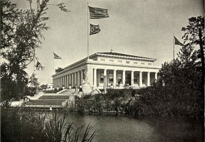 U.S. and Ohio flags fly over the state's exhibition building at the Pan-American Exposition