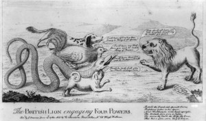 A 1787 cartoon portrays America as a rattlesnake.