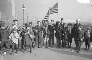 An impromptu parade in Chicago on Nov. 11, 1918
