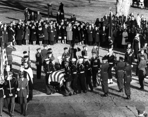25 November 1963 Burial ceremony for President Kennedy. President Kennedy's body is brought to grave site. Arlington National Cemetery, Arlington Virginia. Photograph by Abbie Rowe, National Park Service, in the John F. Kennedy Presidential Library and Museum, Boston.
