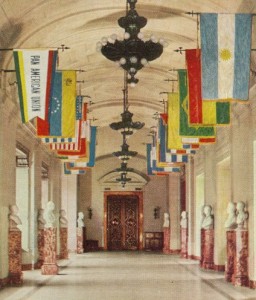 Pan-American Union flag, left, in its D.C. headquarters a century ago.