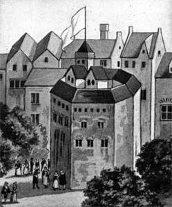 Early drawing of Globe Theatre with its flag