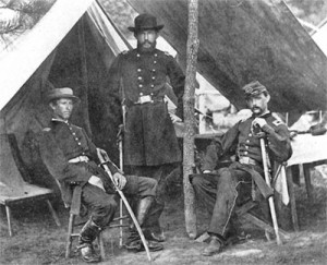 Myers (standing) with Signal Corps officers during the Civil War.