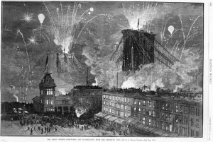 Fireworks and flags marked the opening of the Brooklyn Bridge.