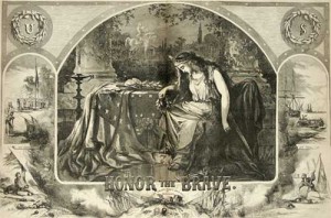 Lady Liberty mourns beside a flag-draped coffin during the Civil War. (Thomas Nast drawing)