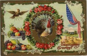 An American eagle and a Thanksgiving turkey unite on a postcard, circa 1900