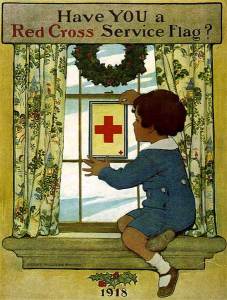 A WWI service flag poster substitutes a Red Cross for a star