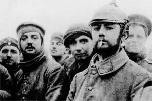 Soldiers from Germany and Great Britain pause war in Belgium in 1914