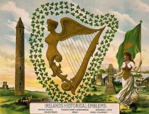 An 1894 illustration shows symbols of Ireland, including the flag of Erin, an old name for the country (Library of Congress)