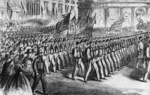 Escorted by firemen, colleagues who volunteered  leave New York City to fight the Civil War.