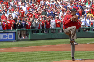 In 2010, President Barack Obama, a southpaw, tosses the first pitch in Washington, D.C. (U.S. Navy photo)