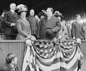 President Taft, behind bunting, at opening day 1910, when he threw out the first pitch.