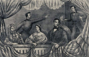 A lithograph of the assassination shows Lincoln's hand on the flag. (LIbrary of Congress)