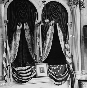 The theatre box where Lincoln was shot was adorned with flags. (Library of Congress)