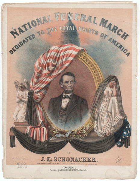This 1865 sheet music features a praying angel, mourning woman and Lincoln. (Library of Congress)