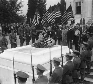 Flags fly at the Tomb of the Unknown Soldier. (Library of Congress)