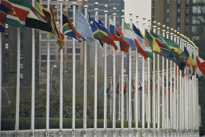 Flags of many nations fly outside the United Nations building in New York City