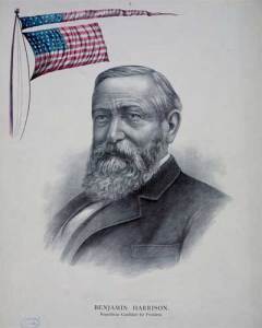 An 1888 campaign flyer for Benjamin Harrison featured a pennant and flag. (Library of Congress)