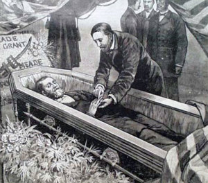 Bunting surrounds Grant's coffin as his son places a ring on his finger. (Illustration from 19th-century newspaper)