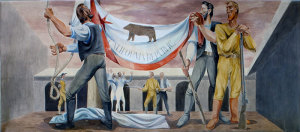 A mural depicts the first raising of the bear flag