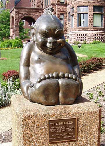 The Billiken squats at St. Louis University.