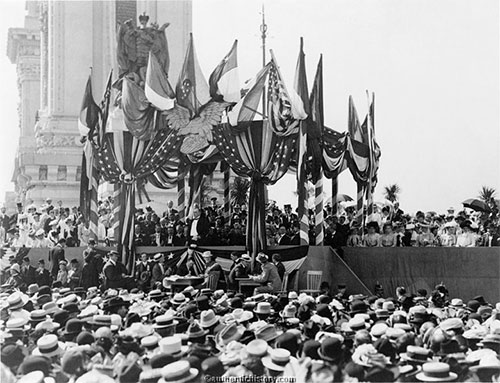 Flags surrounded McKinley as he speaks at the Buffalo exposition, a day before he was shot