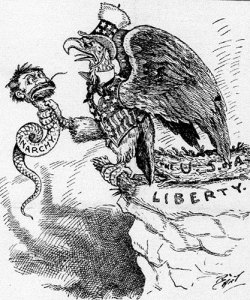 'There's no room for you in this nest,' a flag-vested eagle screamed at the assassin of McKinley in this newspaper cartoon