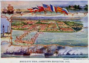 A postcard offering a birds-eye view of the Exposition was filled with flags