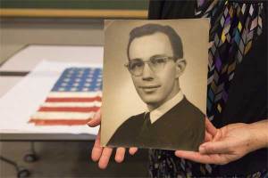 Sgt. Hall's photo at the ceremony. (U.S. Holocaust Memorial Museum)