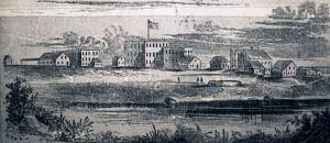 A drawing of Lawrence, Kansas, in 1856 shows a flag