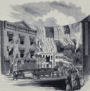 Flags fly at Firemen's Hall in Brooklyn, 1852 (New York Public Library)