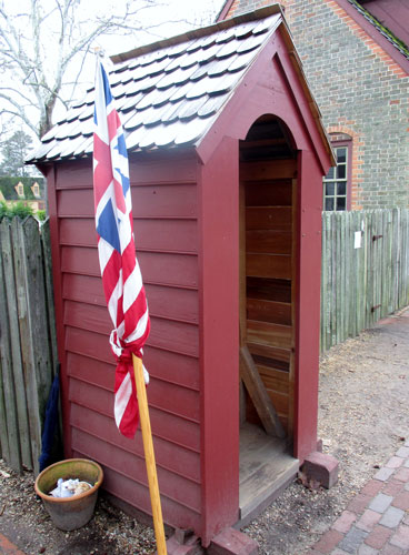 A guardhouse's flag is furled in Williamsburg. (Author's photo)