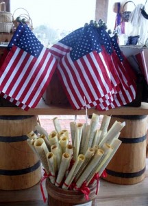 Modern American flags and scrolls in a Colonial Williamsburg shop. (Author's photo)