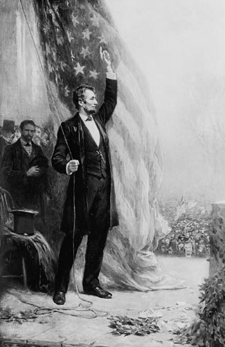 About to raise a flag, Lincoln exhorts his audience. (Library of Congress)