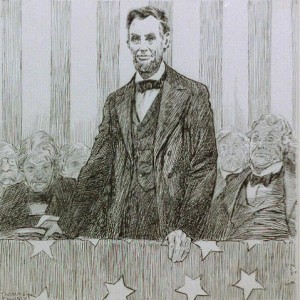Drawing of Lincoln on a flag-draped platform. (Library of Congress)