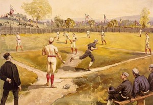 Flags flutter in the outfield in this 19th-century drawing