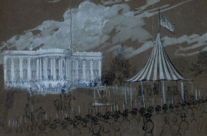 Drawing of 1861 flag-raising ceremony at the White House. (Library of Congress)