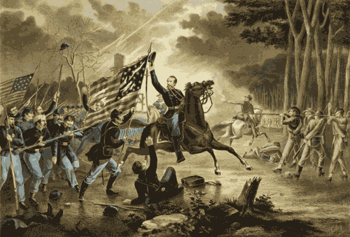An officer rallies his flag-following troops