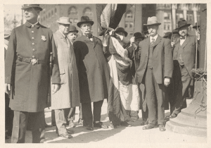 City officials prepare to hoist an American flag to mark Cleveland's centennial in 1896. (Western Reserve Historical Society)