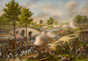 Flags fly in this painting of battle of Antietam.
