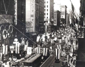 When Los Angeles hosted the 1932 Olympics, flags fluttered above streets. (Southern California Committee for the Olympic Games)