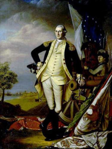 A portrait by James Peale of Washington at Yorktown shows British and Hessian flags at his feet.