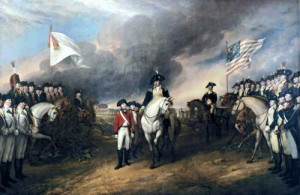 British forces surrender at Yorktown as a white flag of surrender flies and the American flag waves. (Painting by John Trumbull)