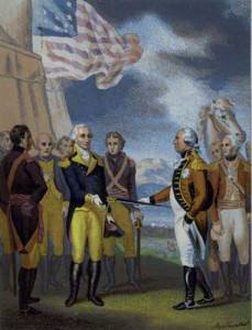 Cornwallis surrenders his sword to Washington in this fanciful image.