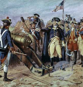 Washington touches off a cannon at Yorktown.