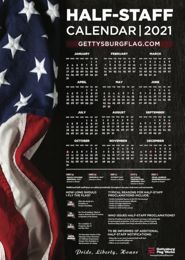 2021 Half Staff Calendar from Gettysburg Flag Works